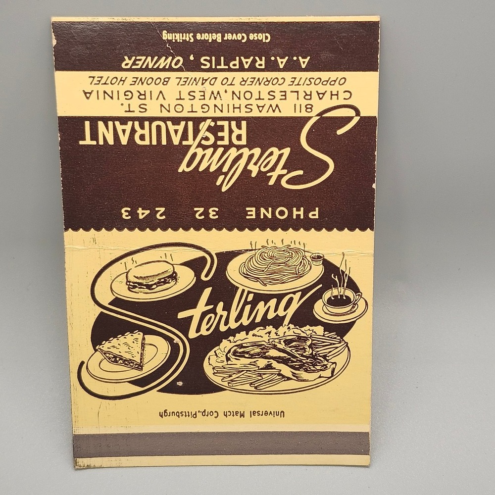 Vintage Sterling Restaurant Matchbook Cover Charleston WV Daniel Boone Hotel